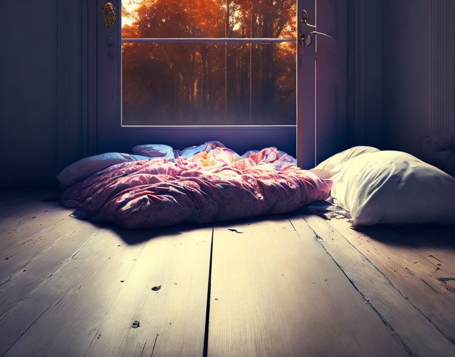 Cozy makeshift bed with pillows and blankets on wooden floor by open door with sunlight streaming in