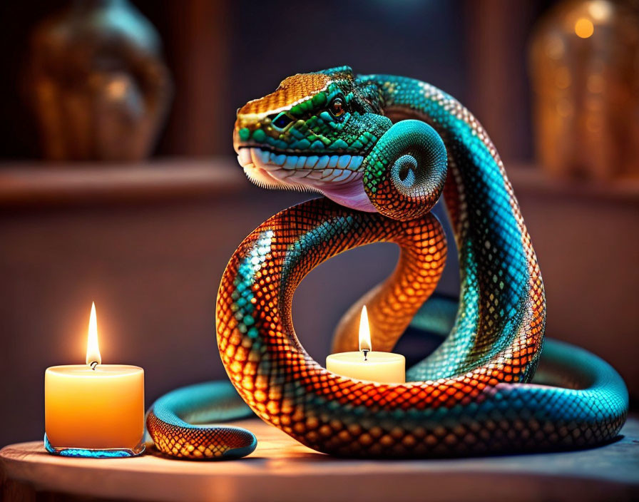 Colorful Snake with Alligator Head Coils Around Candles