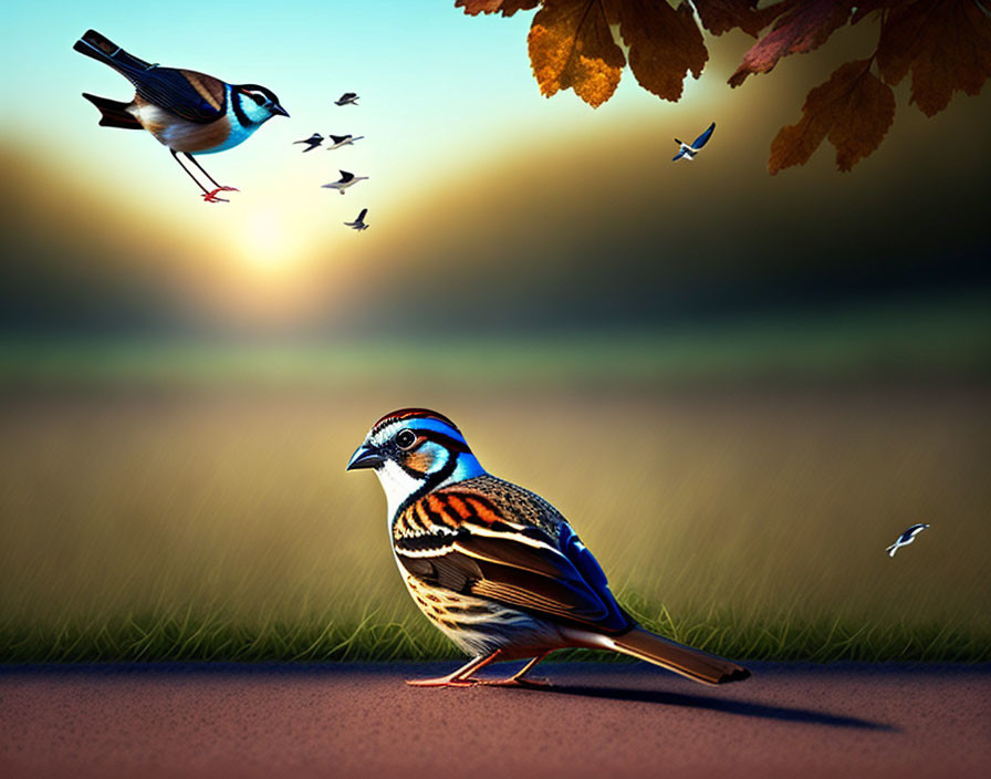 Colorful bird standing with flying bird in warm sunrise landscape