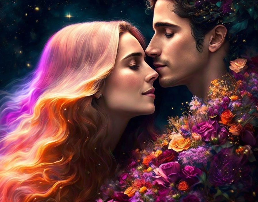 Illustrated couple in close embrace surrounded by vibrant flowers and cosmic backdrop.