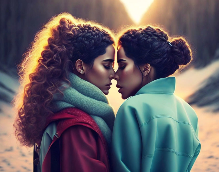 Curly-haired women in intimate snowy scene with glowing light