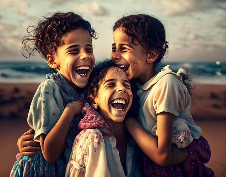 Children hugging and laughing on beach at dusk