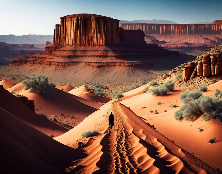 Person walking desert path with footprints, rocks, clear sky