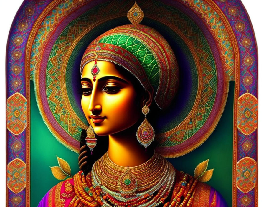 Colorful digital art: Indian woman in traditional attire with intricate jewelry on ornate background