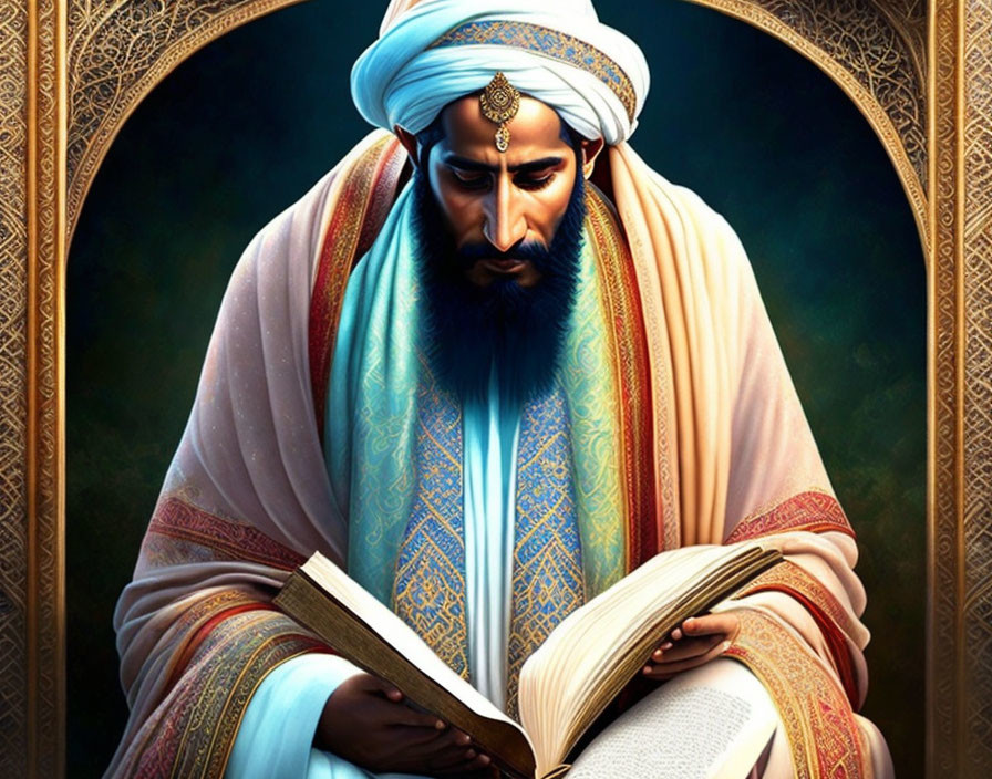 Bearded man in traditional attire reading book