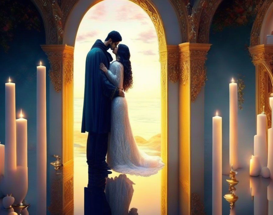 Romantic couple kissing under ornate archway with candles and twilight sky