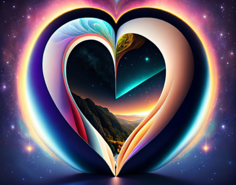 Vibrant heart-shaped portal merges mountains and space in surreal scene