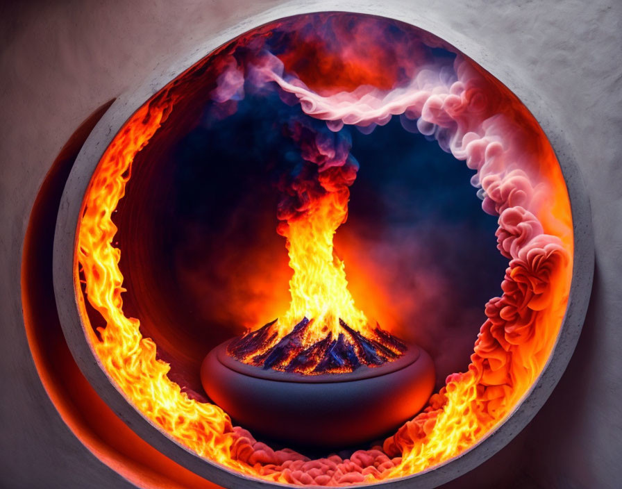 Fiery orange and blue vortex with central flaming pit and smoke against circular backdrop