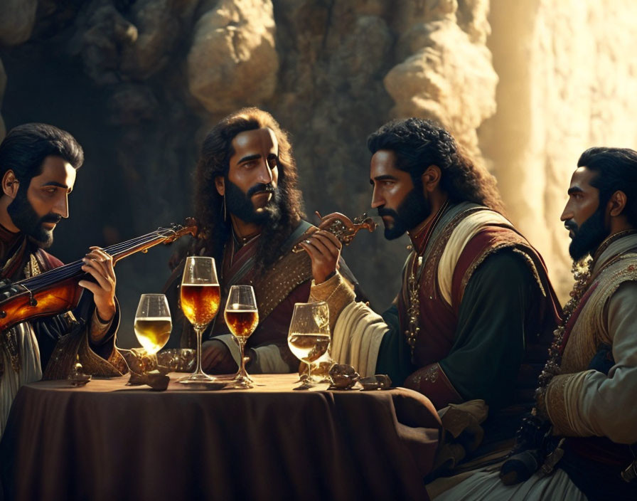 Four men in historical attire enjoying wine and music around a table