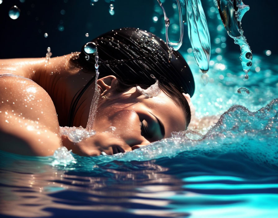 Person partially submerged in water with glistening droplets