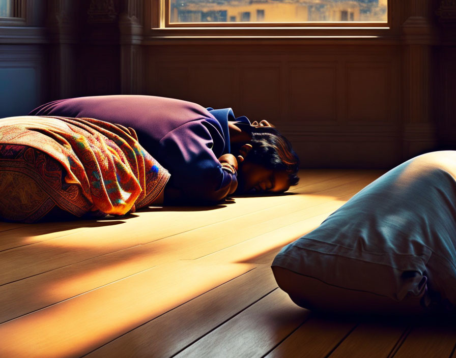 Person lying on floor in sunlight with head on arms and pillow.