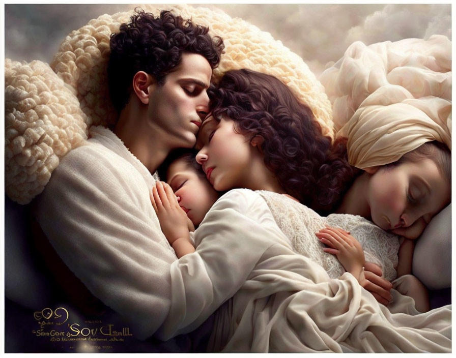 Peaceful Family Sleeping Together Surrounded by Soft Textures