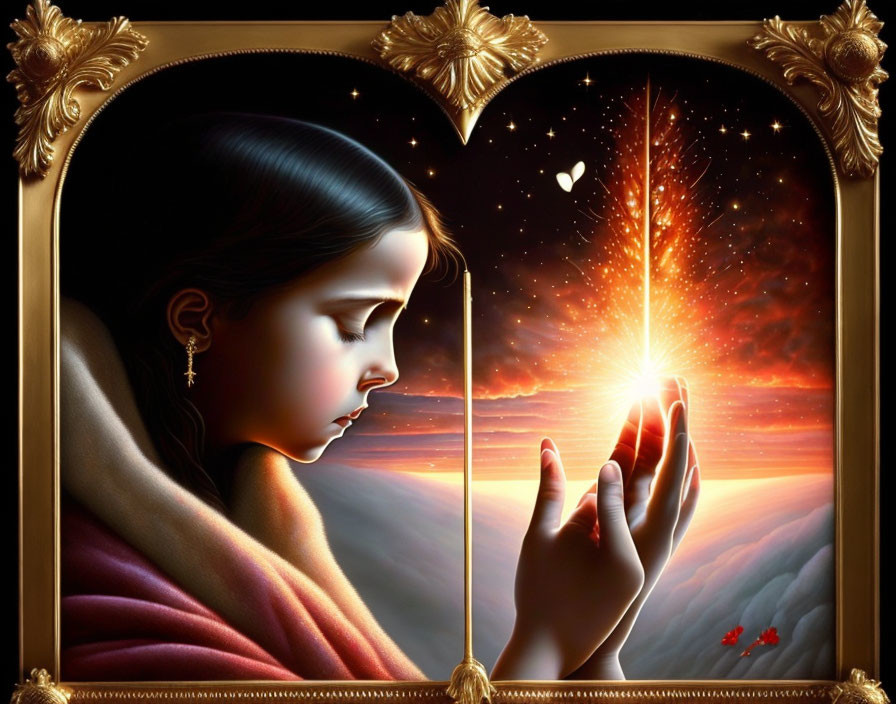 Girl gazing at sunset through heart-shaped window with shooting star, ornate golden borders