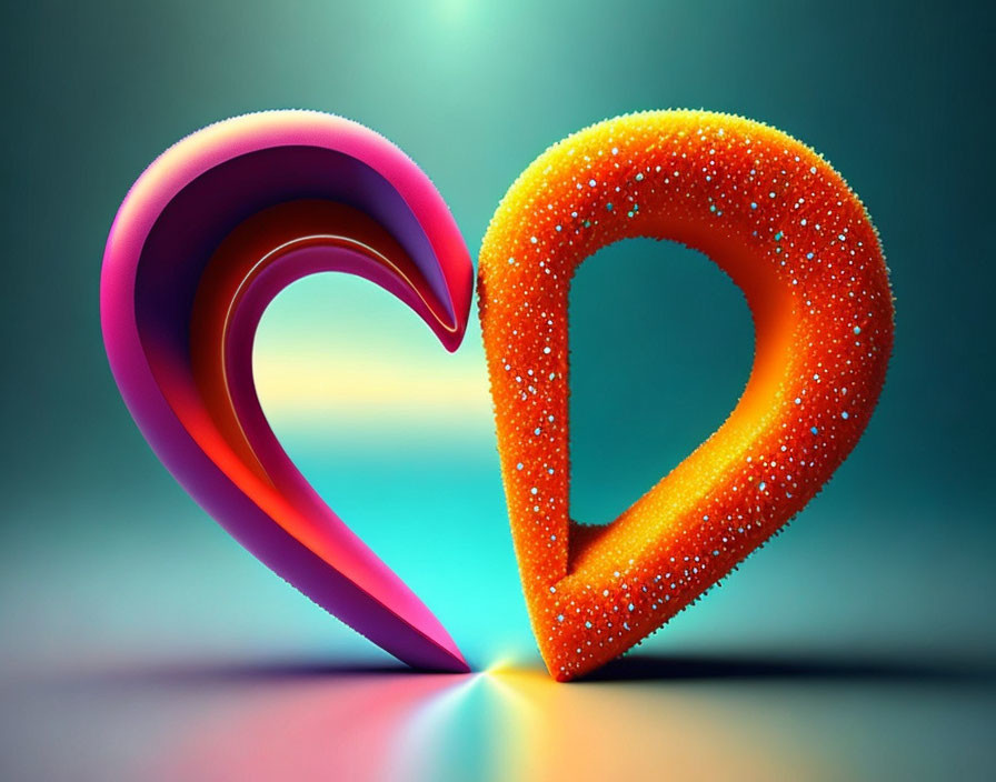 Stylized pink and orange heart shapes on reflective surface with blue background