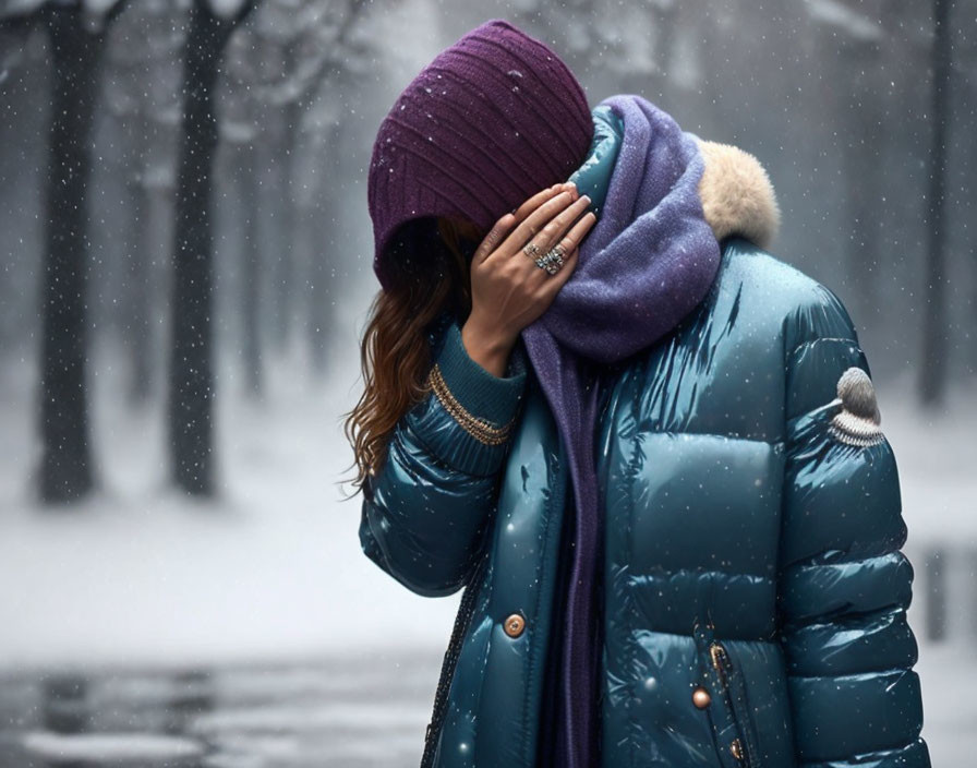 Person in Blue Winter Jacket and Purple Beanie in Snowy Forest