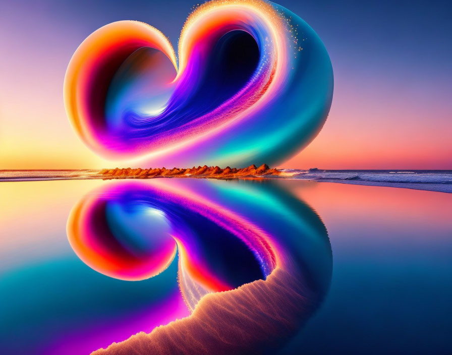 Neon Heart-Shaped Object on Beach at Sunset