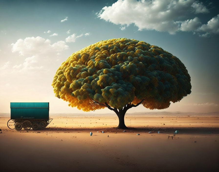 Lush tree in barren desert with old-fashioned wagon