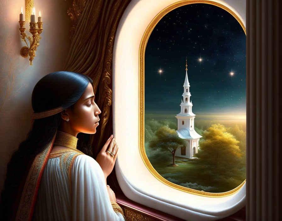 Woman Contemplating Starlit Sky Through Oval Window