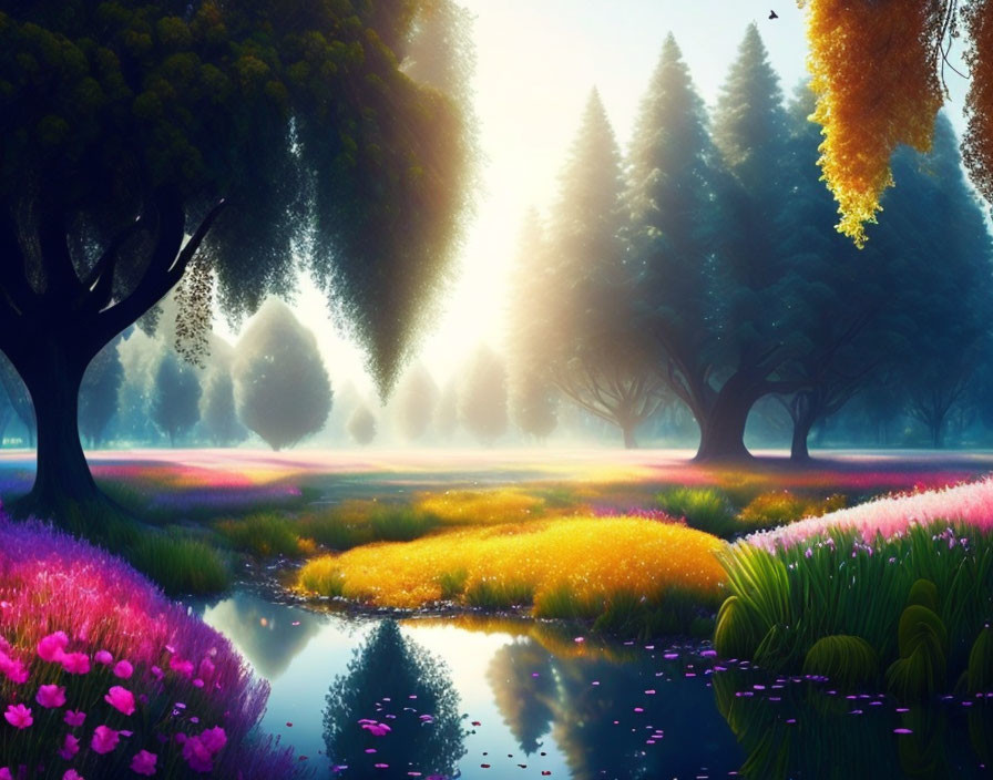 Colorful mystical forest artwork with serene pond & sunlight rays