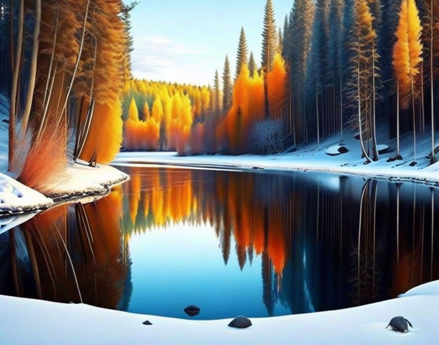 Serene lake with autumn and winter landscapes reflected.