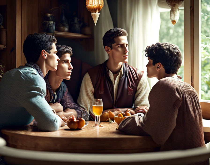 Four Men in Stylish Attire Conversing Around Wooden Table with Orange Juice and Fruit