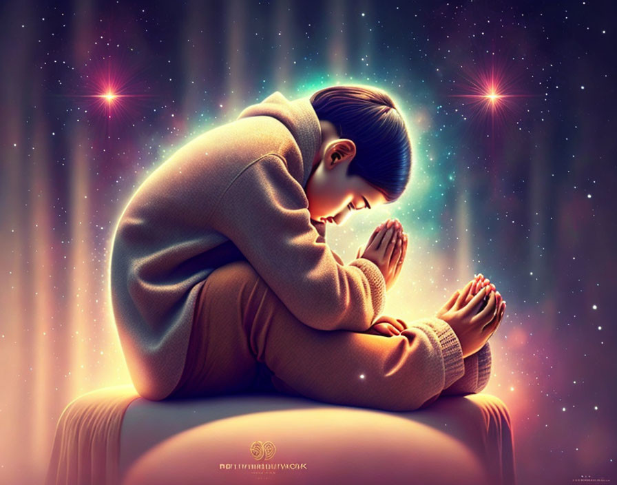 Child Kneeling in Prayer with Nebula Background