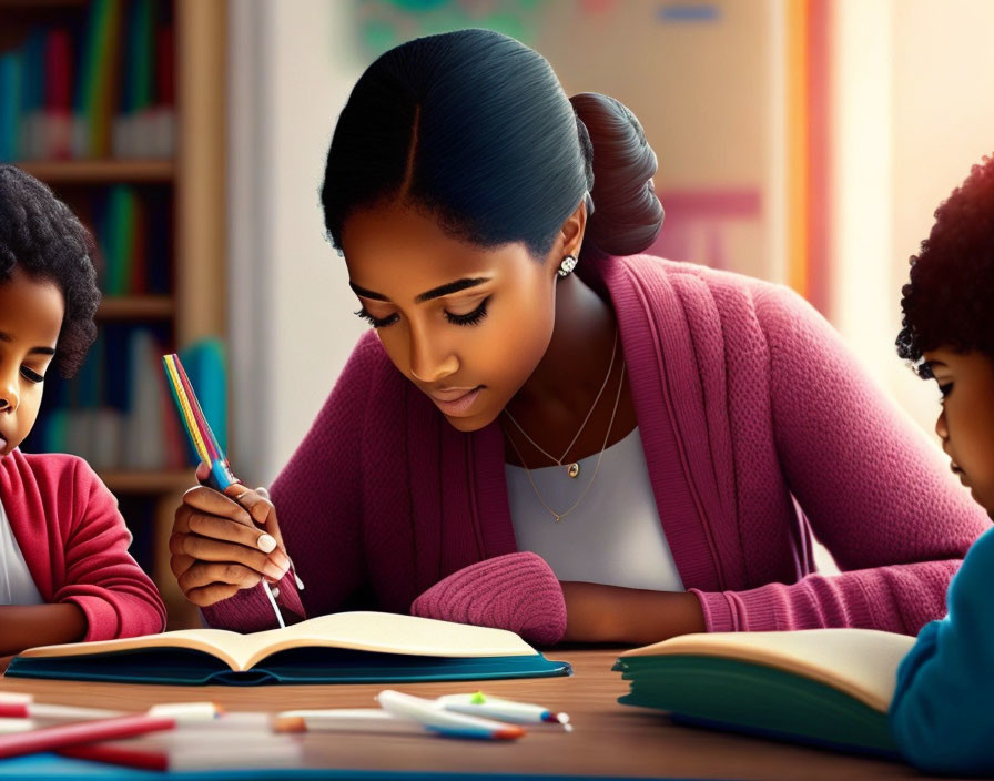 Woman writing in notebook with children in room full of books and pencils