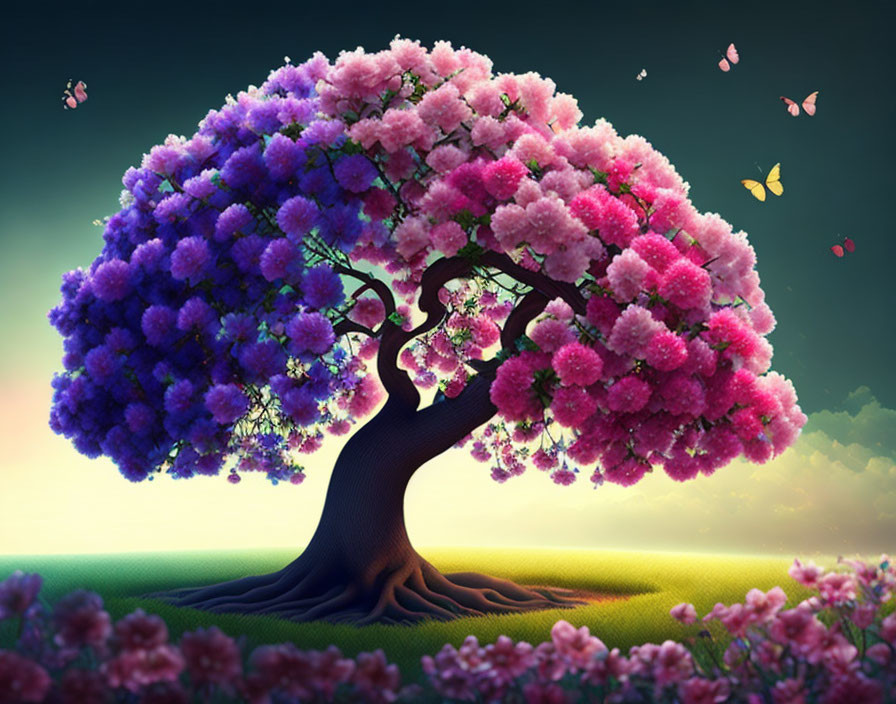 Colorful Tree with Pink and Purple Blossoms in Twilight Scene