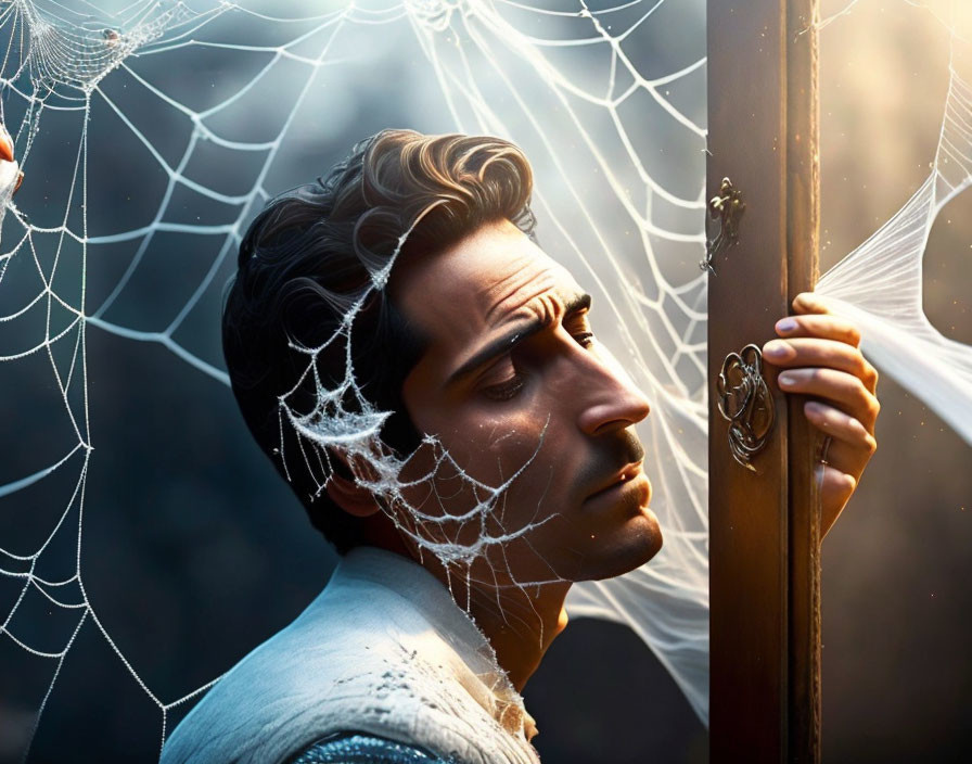 Man with Dark Hair and Stubble Gazing Through Spiderweb Door in Warm Light