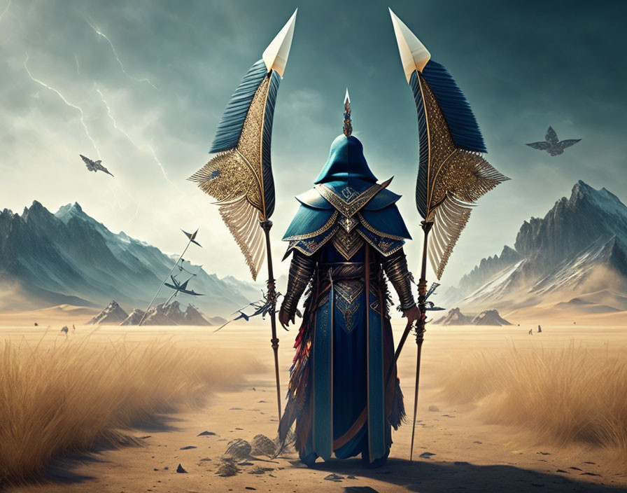 Warrior in Blue and Gold Armor in Desert with Flags and Lightning