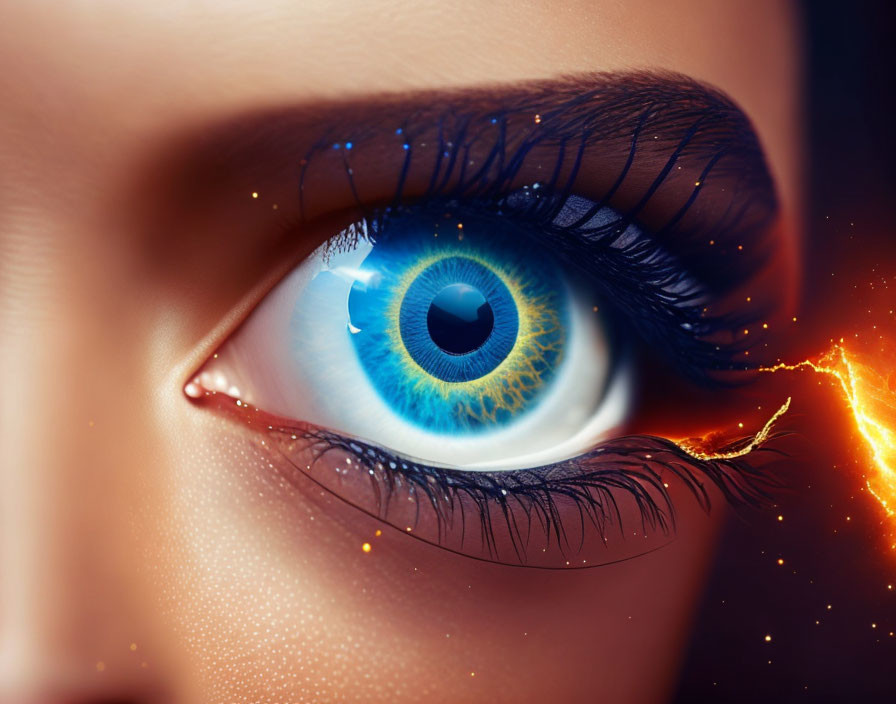 Detailed vibrant blue eye with long eyelashes and fiery sparkle.