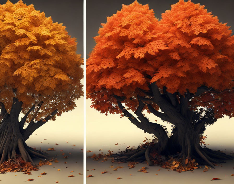 Split-screen digital artwork: Robust trees with golden and orange foliage and fallen leaves.