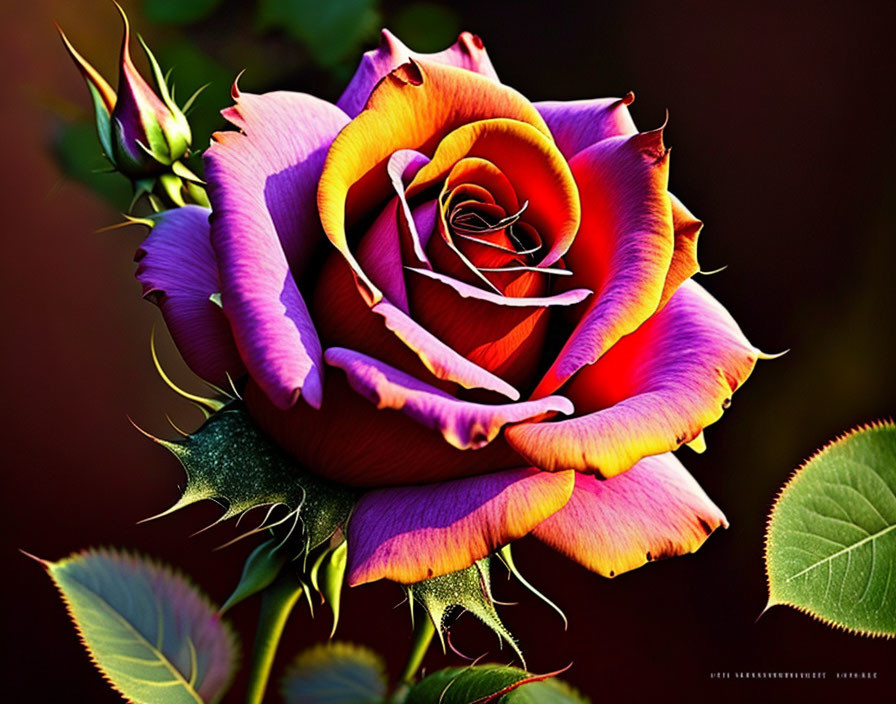 Multicolored rose with yellow, pink, and purple petals on dark background