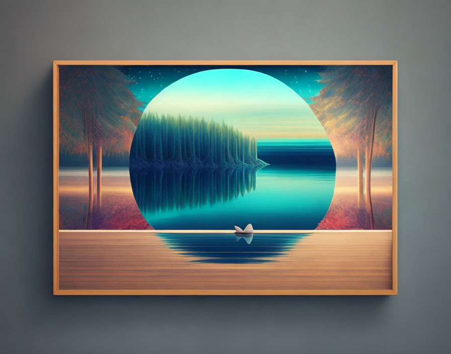 Surreal framed artwork: calm lake, mirrored forest, twilight sky, open book, paper boat