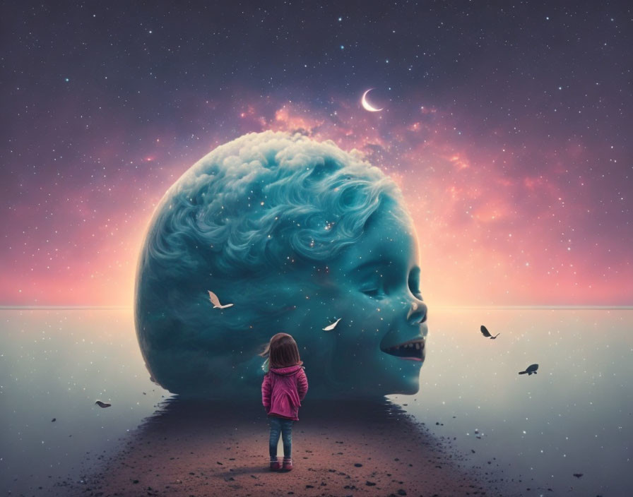 Child in pink jacket gazes at planet-like face structure under twilight sky.