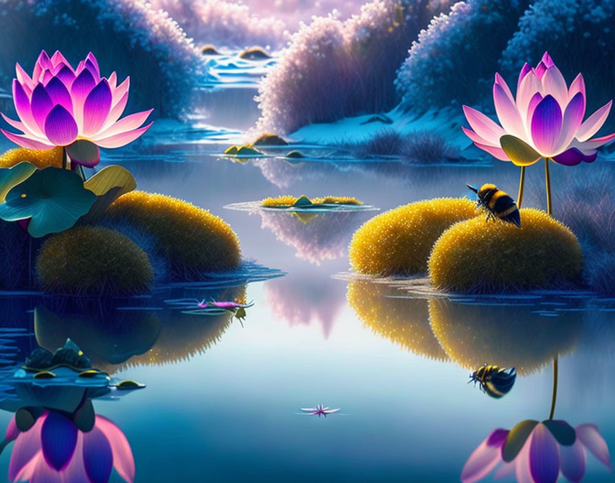 Tranquil twilight setting with lotus flowers, bumblebee, and dragonflies near calm water