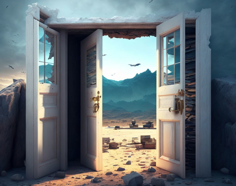 Surreal desert landscape with standalone doorframe and distant mountains