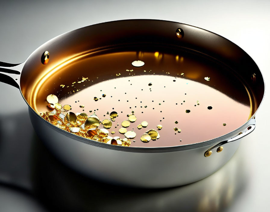 Golden Non-Stick Frying Pan with Oil Droplets and Reflective Surface