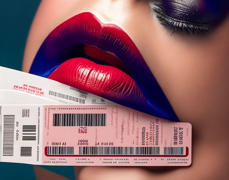 Woman's Lower Face with Red Lips Holding Pink Boarding Pass on Teal Background