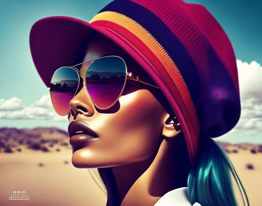 Teal-Haired Woman in Colorful Hat and Reflective Sunglasses with Desert Reflections