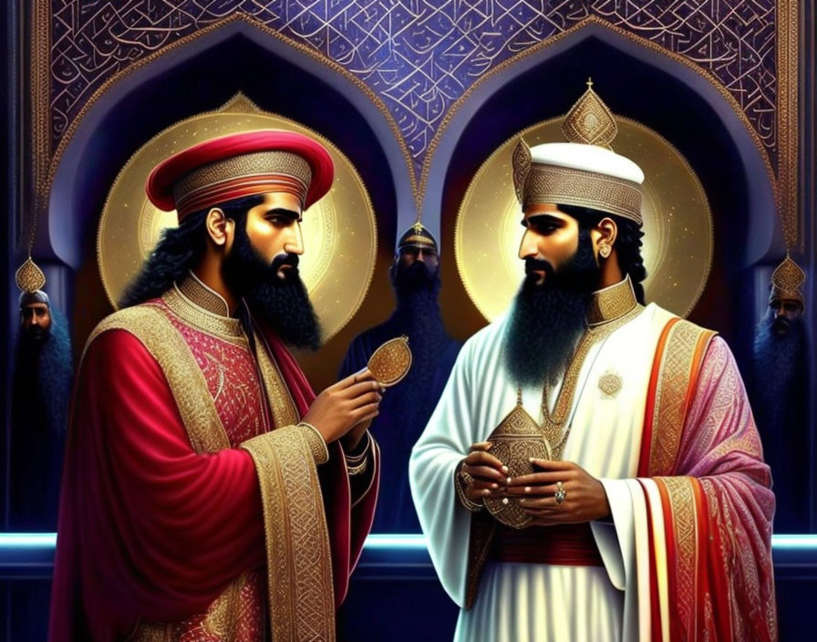 Regally dressed men with beards in ornate Middle Eastern room