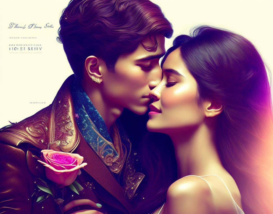 Colorful Fantasy Style Digital Painting of Romantic Couple Kissing