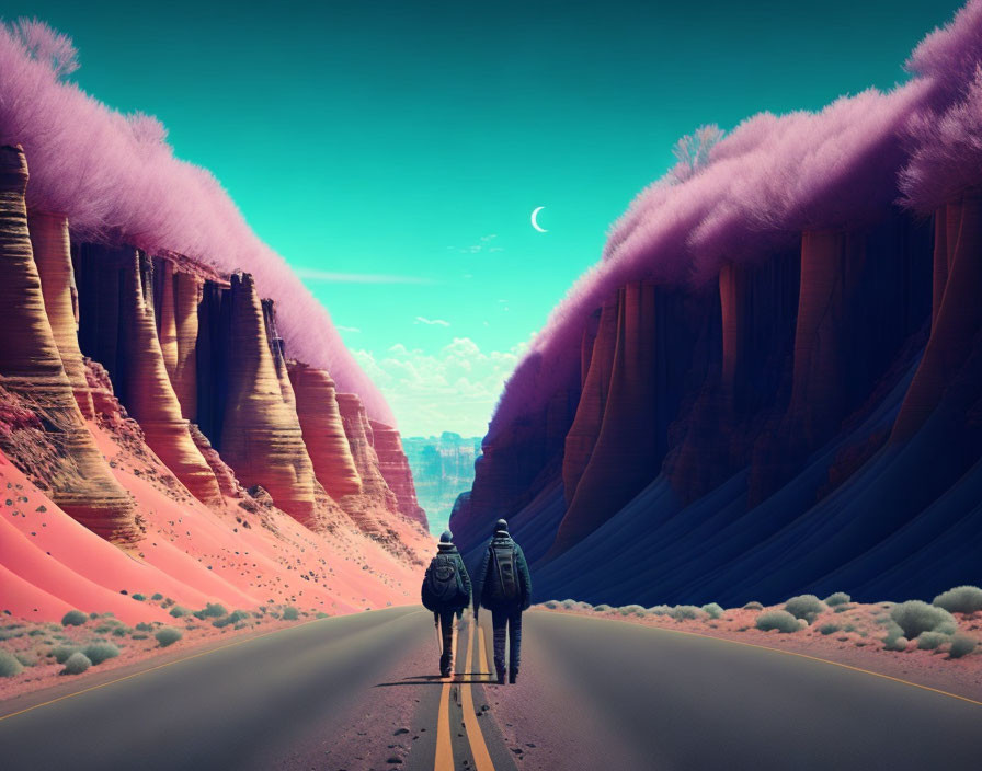 Two individuals walking on surreal desert road with pink cliffs and crescent moon in sky