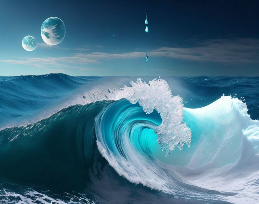 Turquoise Wave Cresting Under Fantasy Sky with Moons & Suspended Droplets