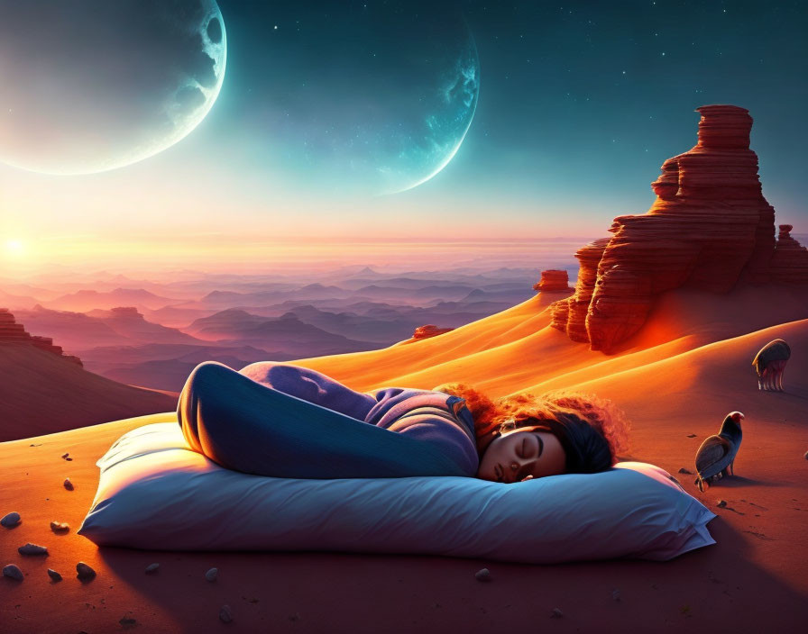 Person sleeping on large pillow in desert with two moons at sunset