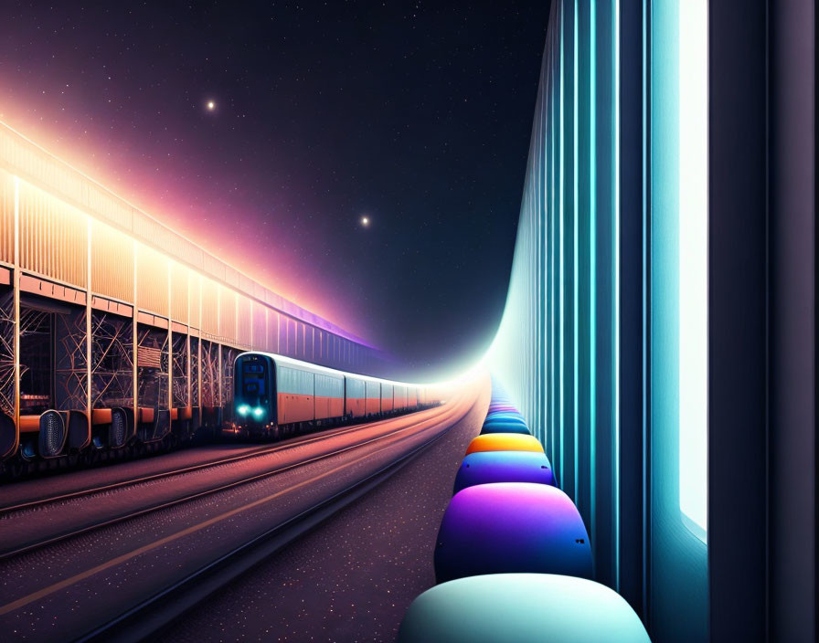 Futuristic train with neon lights on twilight track