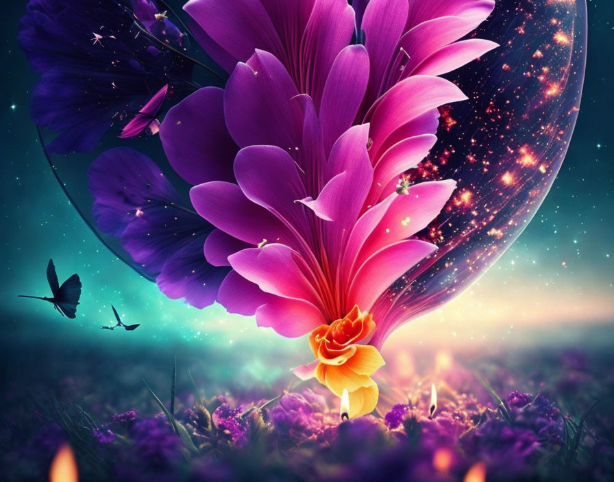 Giant purple flower in fantasy landscape with flying creatures