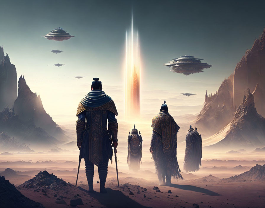 Futuristic armor-clad figures observe desert landscape with spacecraft and bright light