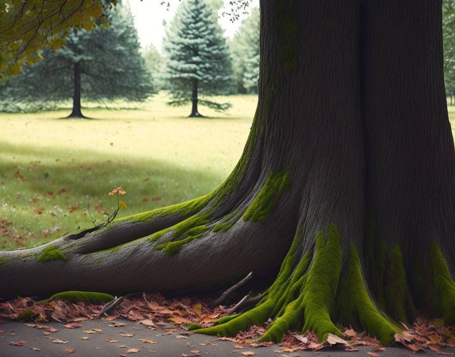 Vibrant green moss on large tree trunk in peaceful park landscape