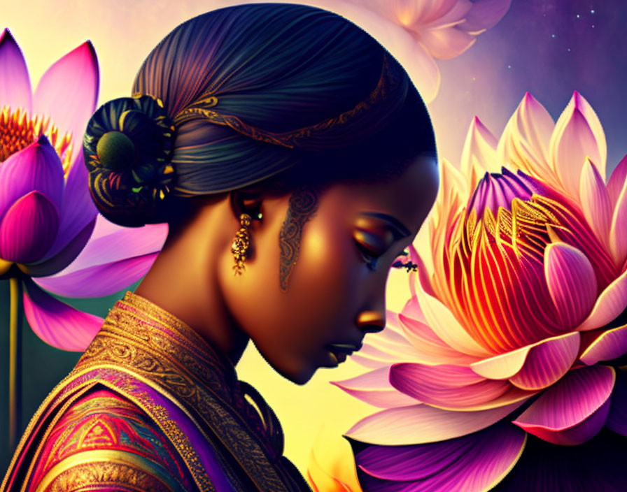 Digital artwork: Woman with ethnic jewelry, lotus flowers, starry sky